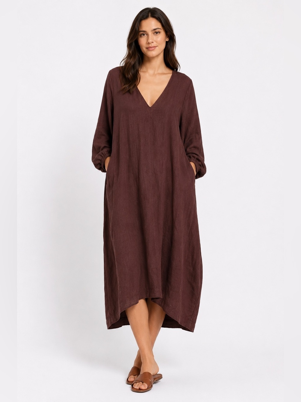 Zara Chocolate Brown V-Neck Long Sleeve Midi Dress - Picture 1 of 10